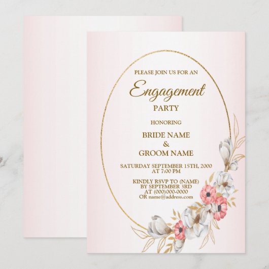 Pink Floral Golden Peach Modern Engagement Party Kaart (Voorkant / Achterkant)