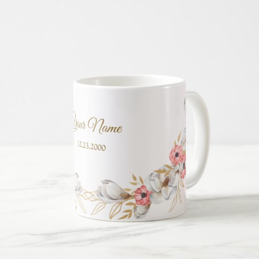 Pink Floral Golden Peach Modern Wedding Gift Koffiemok (Voorkant rechts)