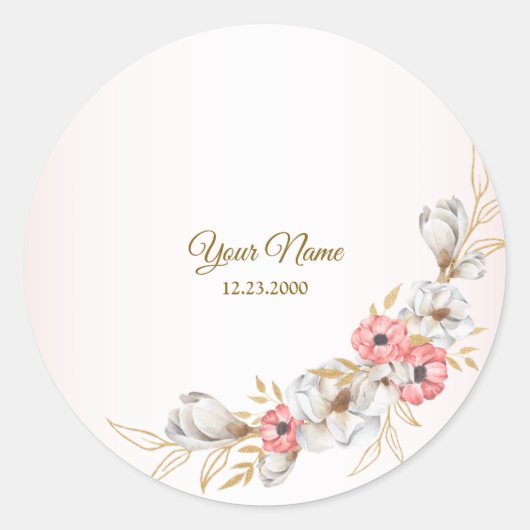 Pink Floral Golden Peach Modern Wedding Party Ronde Sticker (Voorkant)