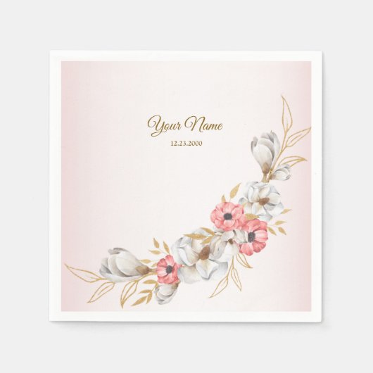 Pink Floral Golden Peach Modern Wedding Party Servet (Voorkant)