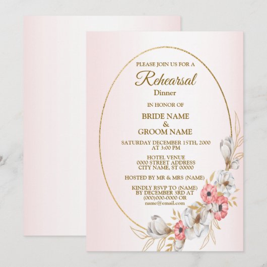 Pink Floral Golden Peach Wedding Rehearsal Dinner Kaart (Voorkant / Achterkant)