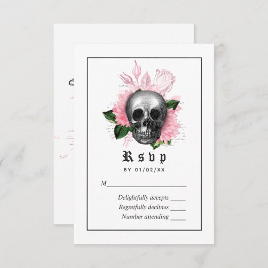 Pink Floral Gothic Skeleton Wedding RSVP Kaart (Voorkant / Achterkant)