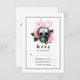 Pink Floral Gothic Skeleton Wedding RSVP Kaart
