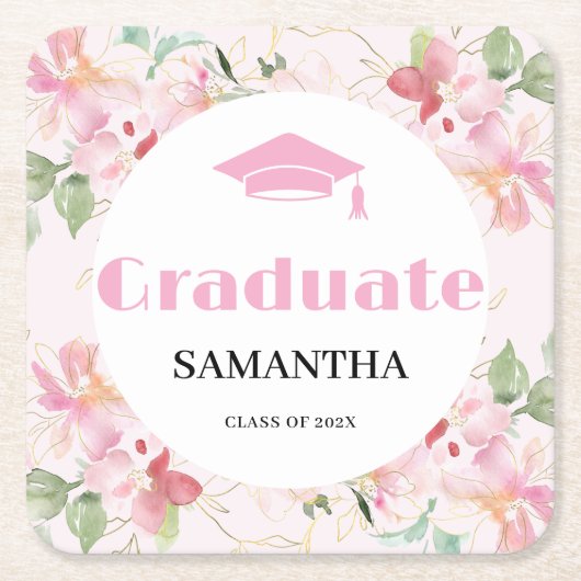 Pink Floral Graduation  Kartonnen Onderzetters (Voorkant)