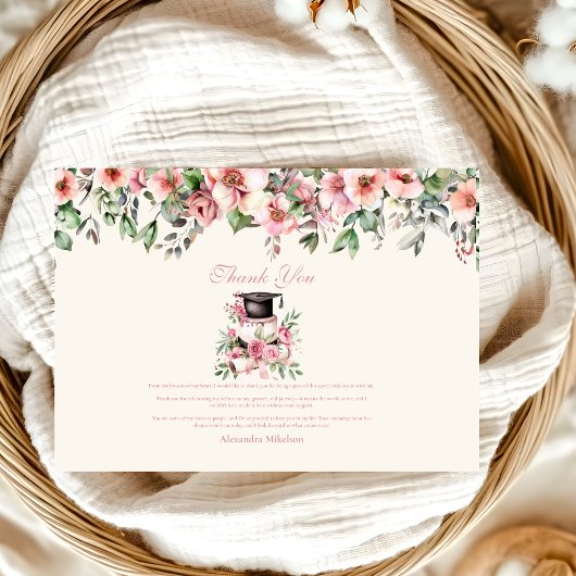 Pink Floral Graduation Party Bedankkaart