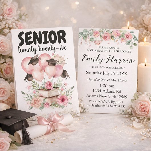 Pink Floral Graduation Party Invitation Kaart
