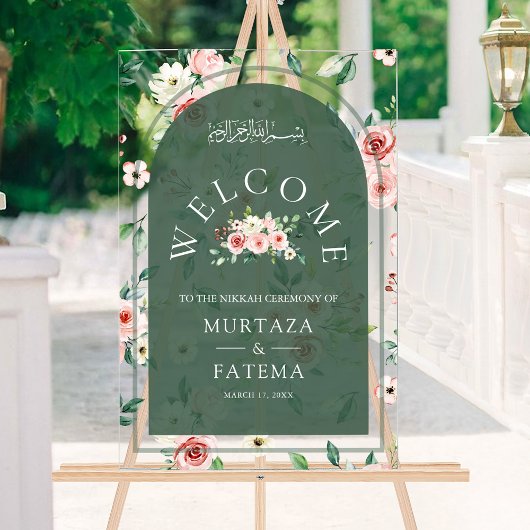Pink Floral Green Arch Muslim Wedding Welcome Acryl Bord