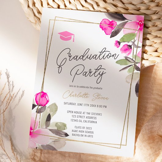 Pink floral green chic gold script graduation kaart