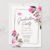 Pink floral green chic gold script graduation kaart (Voorkant)