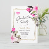 Pink floral green chic gold script graduation kaart (Staand voorkant)