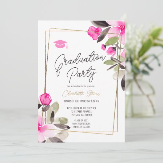 Pink floral green chic gold script graduation kaart (Staand voorkant)