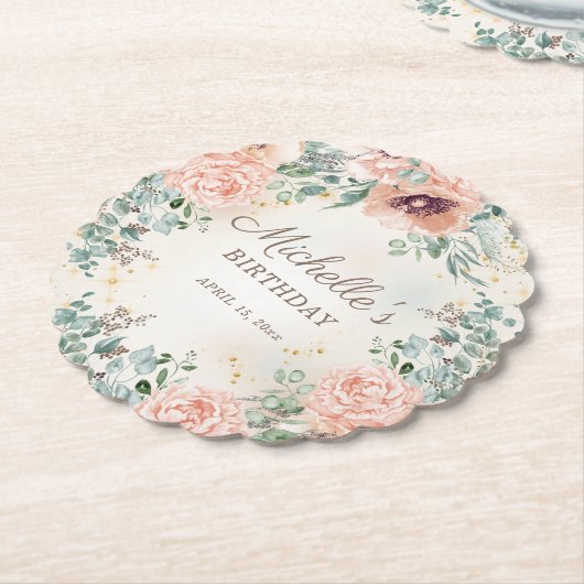 Pink Floral Green Foliage Gold Glitter Birthday Kartonnen Onderzetters (Gekanteld)