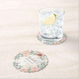 Pink Floral Green Foliage Gold Glitter Birthday Kartonnen Onderzetters