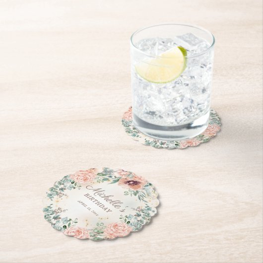 Pink Floral Green Foliage Gold Glitter Birthday Kartonnen Onderzetters (Insitu)