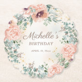 Pink Floral Green Foliage Gold Glitter Birthday Kartonnen Onderzetters (Voorkant)