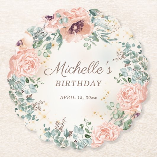 Pink Floral Green Foliage Gold Glitter Birthday Kartonnen Onderzetters (Voorkant)