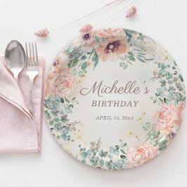 Pink Floral Green Foliage Gold Glitter Birthday Papieren Bordje