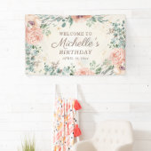 Pink Floral Green Foliage Gold Glitter Birthday Spandoek (Insitu)