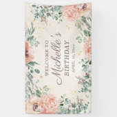 Pink Floral Green Foliage Gold Glitter Birthday Spandoek (Verticaal)