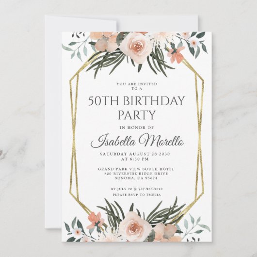 Pink Floral Greenery 50th Birthday Invitation Kaart (Voorkant)