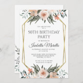 Pink Floral Greenery 50th Birthday Invitation Kaart (Voorkant / Achterkant)