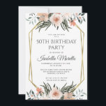 Pink Floral Greenery 50th Birthday Invitation Kaart<br><div class="desc">Een elegante waterverf gooit roze floral met een grove elegante uitnodiging voor een 50e verjaardag met gouden lijst. Floral accent op de achterkant van de uitnodiging.</div>
