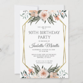Pink Floral Greenery 50th Birthday Invitation Kaart
