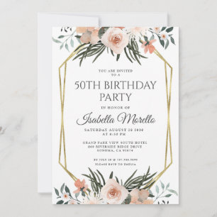 Pink Floral Greenery 50th Birthday Invitation Kaart