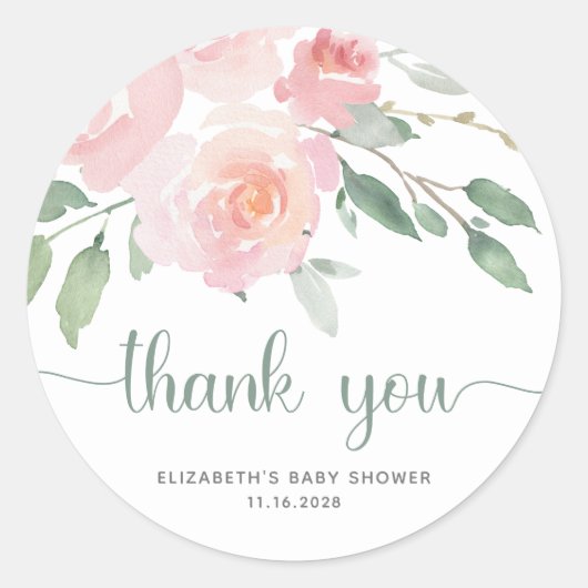 Pink Floral Greenery Baby shower Bedankt Ronde Sticker (Voorkant)