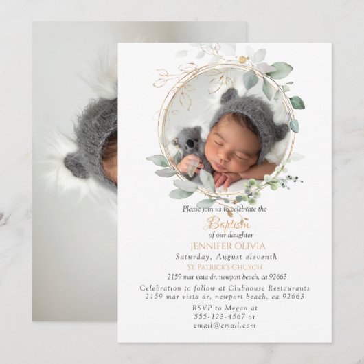 Pink Floral Greenery Baptism Girl Invitation Kaart (Voorkant / Achterkant)