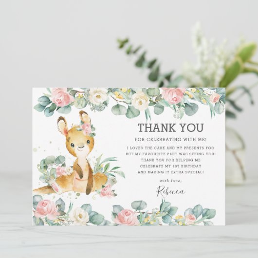 Pink Floral Greenery Cute Kangaroo Birthday Girl  Bedankkaart (Staand voorkant)