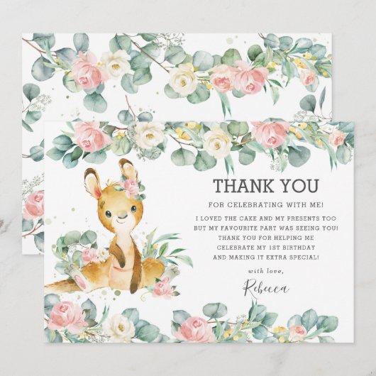 Pink Floral Greenery Cute Kangaroo Birthday Girl  Bedankkaart (Voorkant / Achterkant)