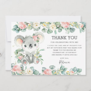 Pink Floral Greenery Cute Koala 1st Birthday Girl Bedankkaart