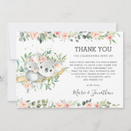Pink Floral Greenery Cute Koala Baby shower Girl Bedankkaart