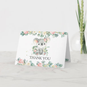 Pink Floral Greenery Cute Koala Girl Baby shower Bedankkaart