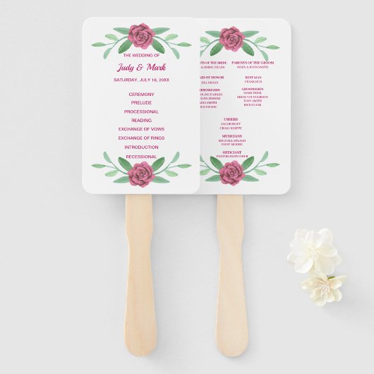 Pink Floral Greenery Foliage Wedding Programme Handwaaier (Voorkant en achterkant)