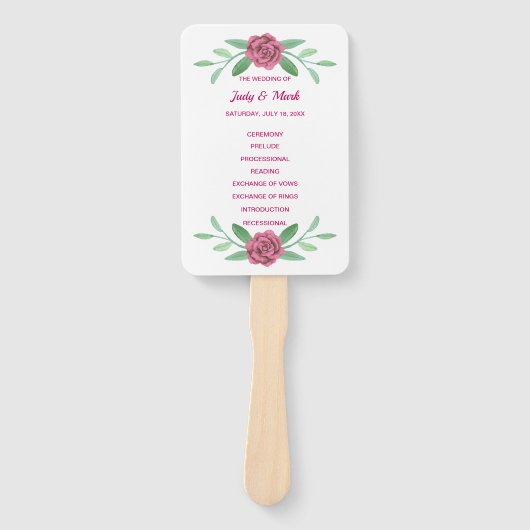 Pink Floral Greenery Foliage Wedding Programme Handwaaier (Voorkant)