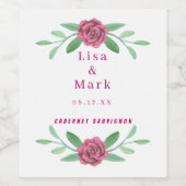 Pink Floral Greenery Foliage Wedding Wijn Etiket (Enkel label)