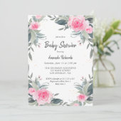 Pink Floral Greenery Girl Baby shower Invitation Kaart (Staand voorkant)