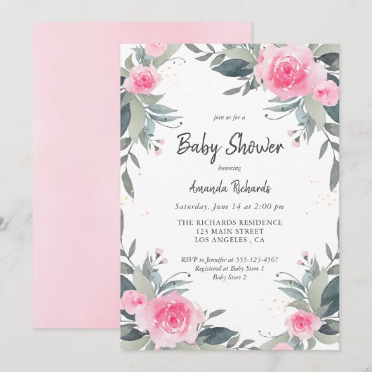Pink Floral Greenery Girl Baby shower Invitation Kaart (Voorkant / Achterkant)