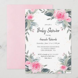 Pink Floral Greenery Girl Baby shower Invitation Kaart