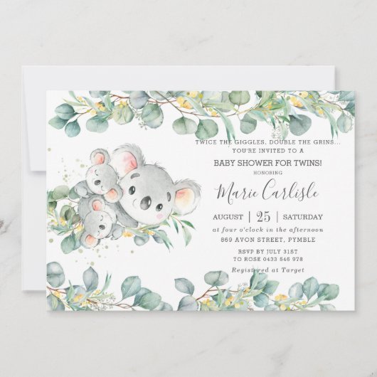 Pink Floral Greenery Koala Baby shower Twins   Kaart (Voorkant)