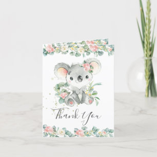 Pink Floral Greenery Koala Birthday Baby shower  Bedankkaart