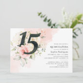 Pink Floral Greenery Quinceanera 15th Birthday Kaart (Staand voorkant)