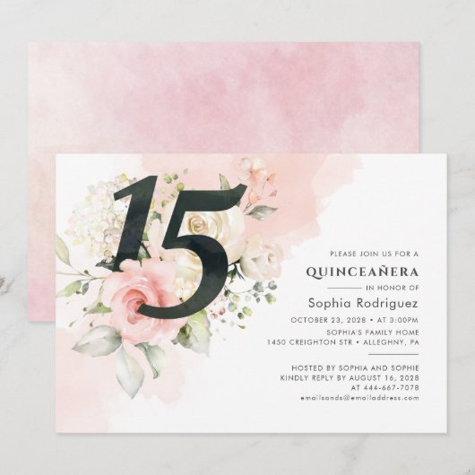 Pink Floral Greenery Quinceanera 15th Birthday Kaart (Voorkant / Achterkant)