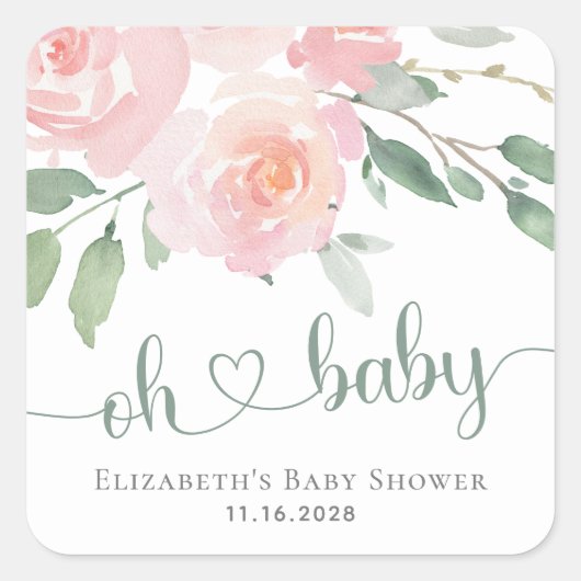 Pink Floral Greenery Waterverf Baby shower Vierkante Sticker (Voorkant)