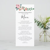 Pink Floral Greenery Waterverf Wreath Wedding Menu (Staand voorkant)