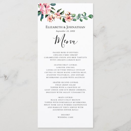 Pink Floral Greenery Waterverf Wreath Wedding Menu (Voorkant)