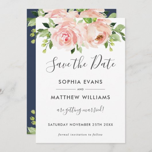 Pink Floral Greenery Wedding Save the Date Kaart (Voorkant / Achterkant)