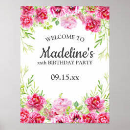 Pink Floral Greenery White Birthday Party Poster